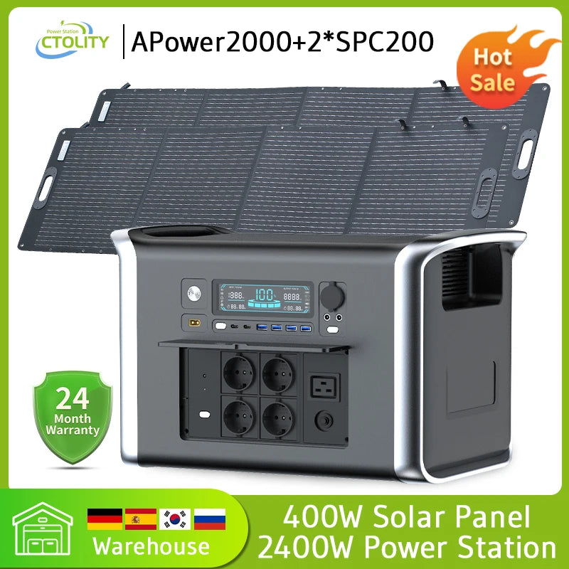 CTOLITY AP2000 Portable Solar Power Station 1000W/2000W – 640000mAh LiFePO4 Battery with 220V AC Outlets for Camping, Emergency Backup, and Off-Grid Solar Energy Solutions