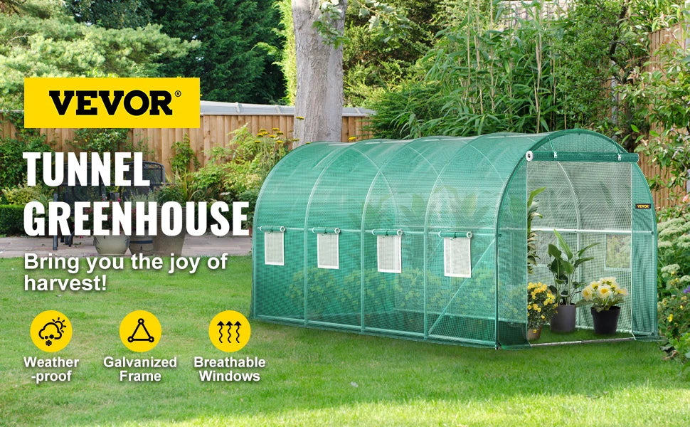 VEVOR Walk-in Tunnel Greenhouse Galvanized Frame & Waterproof Cover 15x7x7/10x7x7/20x10x7/12x7x7 ft Greenhouses & Cold Frames