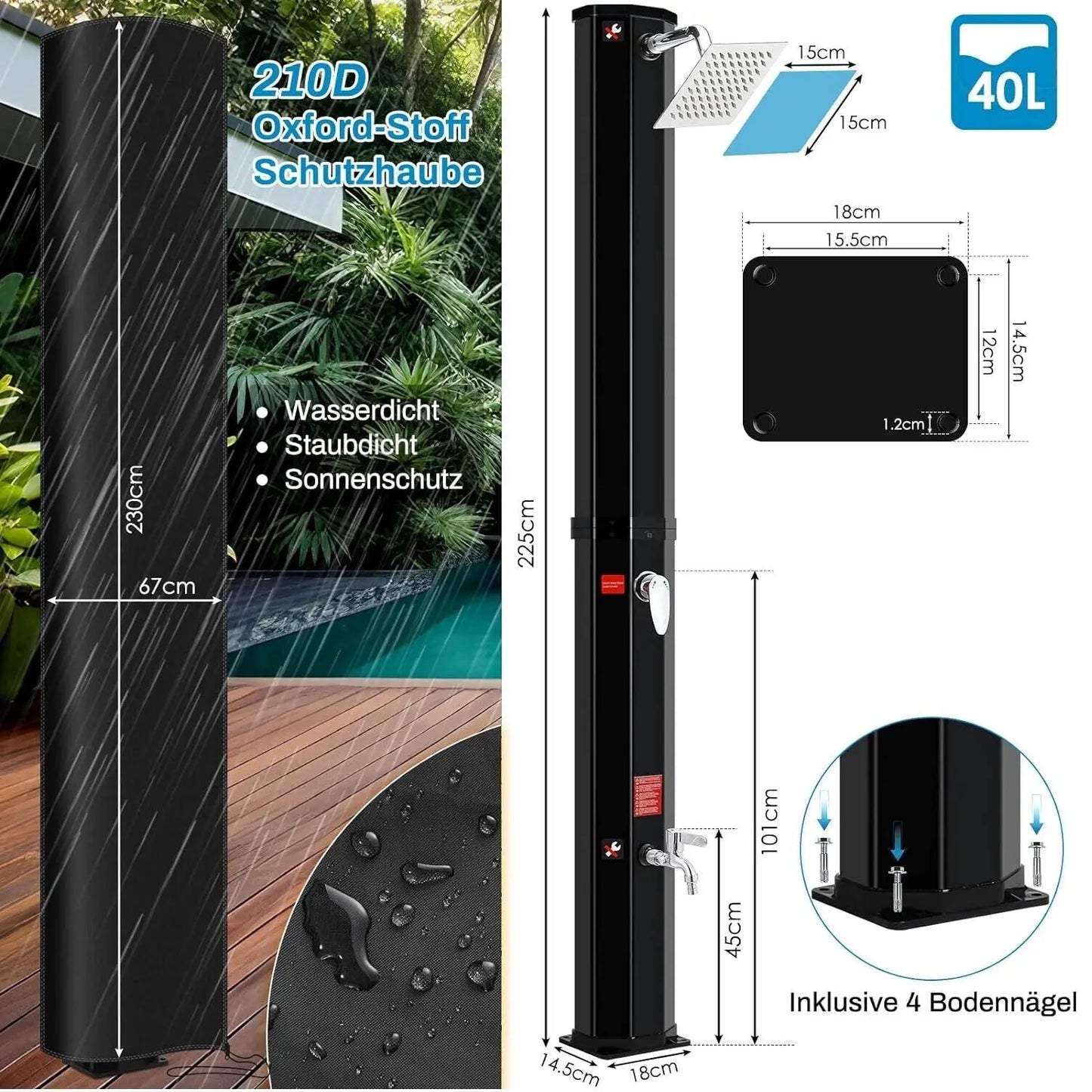 35/40L Solar Shower Column Outdoor Floor Standing Shower Faucet Top Shower System Waterfall Rain Fit For Garden Swimming Pool