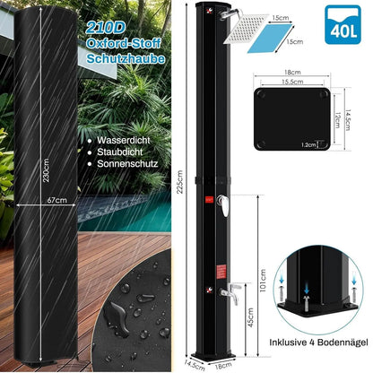 35/40L Solar Shower Column Outdoor Floor Standing Shower Faucet Top Shower System Waterfall Rain Fit For Garden Swimming Pool